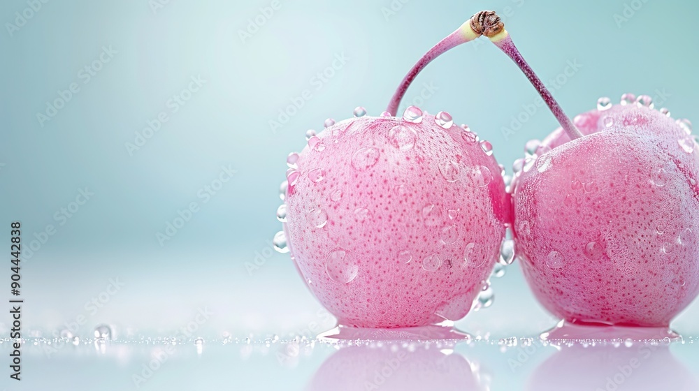 Two cherries with water droplets above and below Two cherries with water droplets above and below