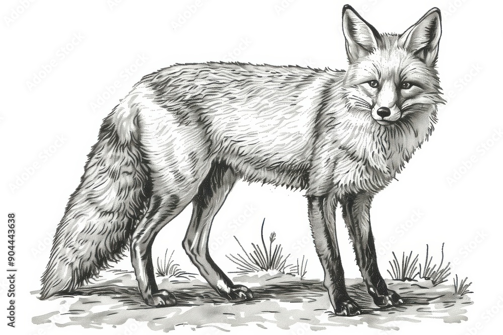 Intricate Hand-Drawn Fox Engraving: Black and White Ink Sketch Intricate Hand-Drawn Fox Engraving: Black and White Ink Sketch