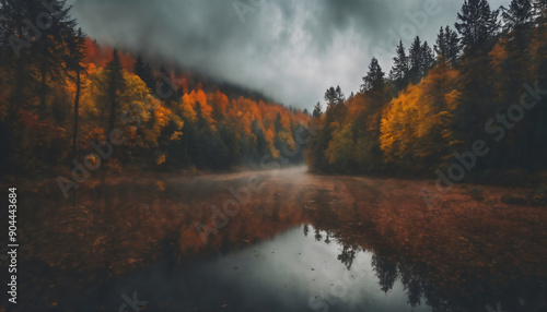 lake and forest in the autumn season, beautiful nature, rainy weather, cloudy