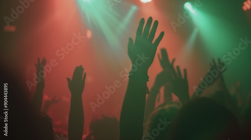 Techno concert scene, crowd with hands up, green laser lights. Backdrop for music techno electro poster wallpaper, background with copyspace © Business Image