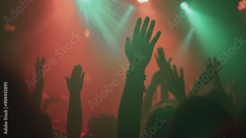 Techno concert scene, crowd with hands up, green laser lights. Backdrop for music techno electro poster wallpaper, background with copyspace