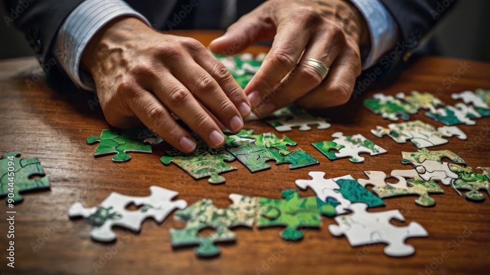 Obraz premium A man carefully assembles a green-themed jigsaw puzzle on a wooden table, demonstrating focus and concentration in his task.