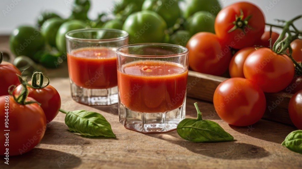 Two glasses of fresh tomato juice surrounded by ripe tomatoes and green tomatoes with basil leaves on a wooden surface. Two glasses of fresh tomato juice surrounded by ripe tomatoes and green tomatoes with basil leaves on a wooden surface.