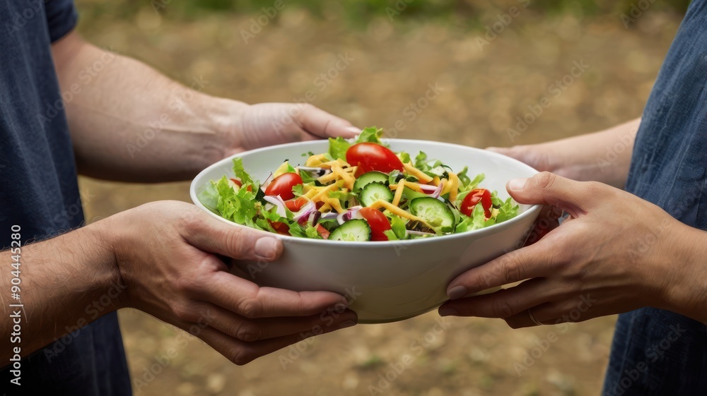 A close-up of two diverse hands presenting a fresh garden salad, showcasing vibrant colors and healthy ingredients. A close-up of two diverse hands presenting a fresh garden salad, showcasing vibrant colors and healthy ingredients.