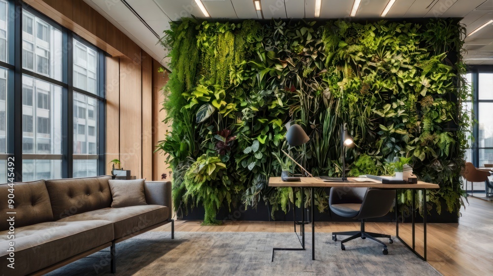 A stylish modern office with a lush green living wall, featuring a cozy sofa and a sleek desk, creating a vibrant and inviting workspace. A stylish modern office with a lush green living wall, featuring a cozy sofa and a sleek desk, creating a vibrant and inviting workspace.