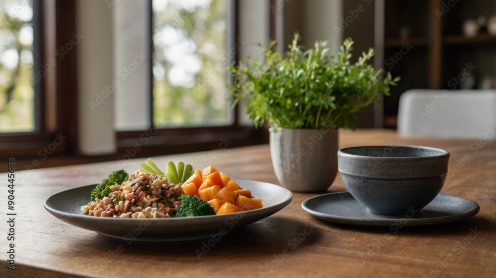 A healthy, colorful meal featuring grains, broccoli, and orange cubes on a rustic wooden table, complemented by a plant in the background. A healthy, colorful meal featuring grains, broccoli, and orange cubes on a rustic wooden table, complemented by a plant in the background.