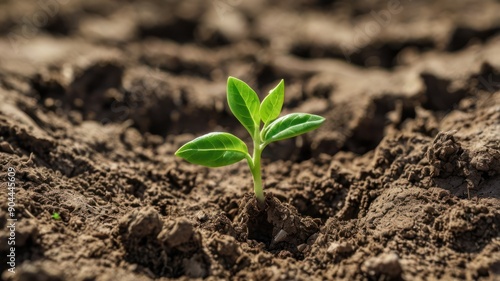 A small green plant shoots up from rich, dark soil, symbolizing new beginnings and growth in nature.