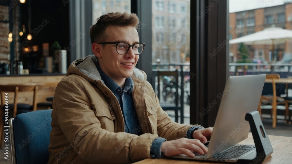 Smiling young Caucasian man working on a laptop in a cozy café, wearing a stylish jacket with a cheerful atmosphere around him. Smiling young Caucasian man working on a laptop in a cozy café, wearing a stylish jacket with a cheerful atmosphere around him.