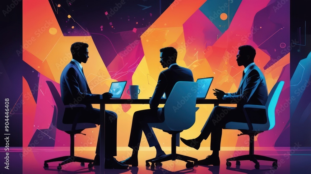 Three male professionals in silhouette engaged in a dynamic brainstorming session against a vibrant abstract backdrop. Three male professionals in silhouette engaged in a dynamic brainstorming session against a vibrant abstract backdrop.