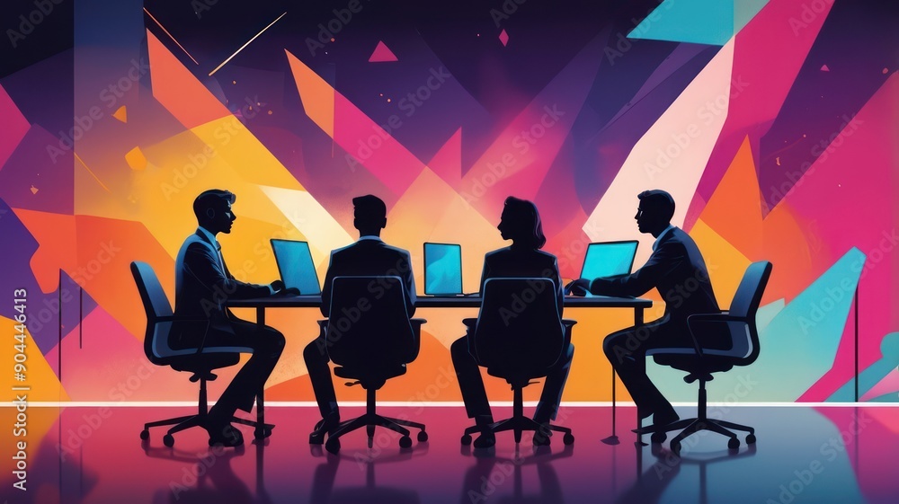 Four business professionals engage in a meeting against a vibrant, colorful backdrop, showcasing collaboration and creativity. Four business professionals engage in a meeting against a vibrant, colorful backdrop, showcasing collaboration and creativity.