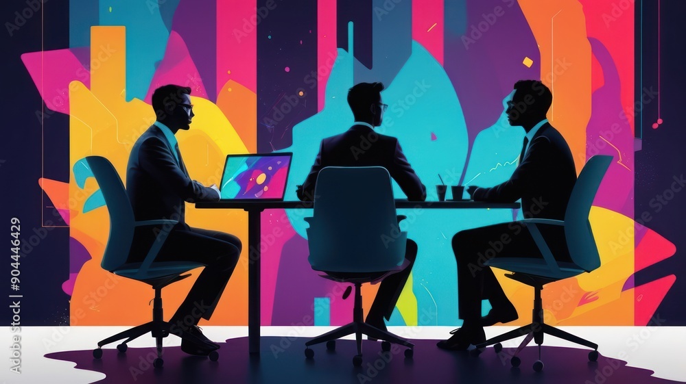 Three businessmen in suits engaged in a meeting, silhouetted against an abstract colorful background. Three businessmen in suits engaged in a meeting, silhouetted against an abstract colorful background.