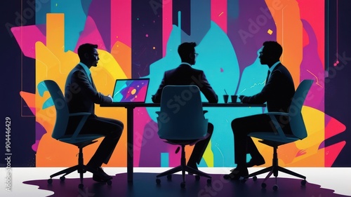 Three businessmen in suits engaged in a meeting, silhouetted against an abstract colorful background.