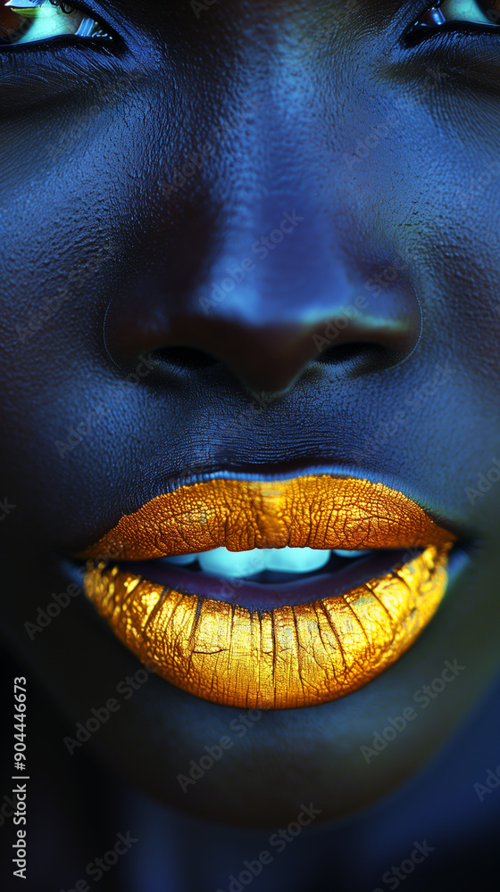 Stunning model with distinctive blue skin and striking golden lipstick exudes glamour and style, showcasing a modern and chic beauty aesthetic Stunning model with distinctive blue skin and striking golden lipstick exudes glamour and style, showcasing a modern and chic beauty aesthetic
