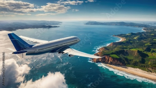 Wallpaper Mural An airplane glides over a stunning coastal landscape, showcasing vibrant blues and greens under a bright sky. Torontodigital.ca