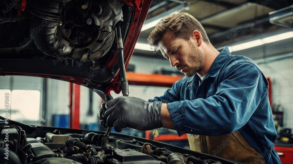 Obraz premium A focused Caucasian male mechanic in a blue jumpsuit repairs a car engine under hood, showcasing his expertise and dedication to his craft.