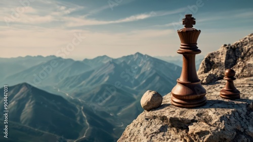 A wooden chess king and pawn on a rocky mountain ledge, symbolizing strategy amidst breathtaking nature. photo