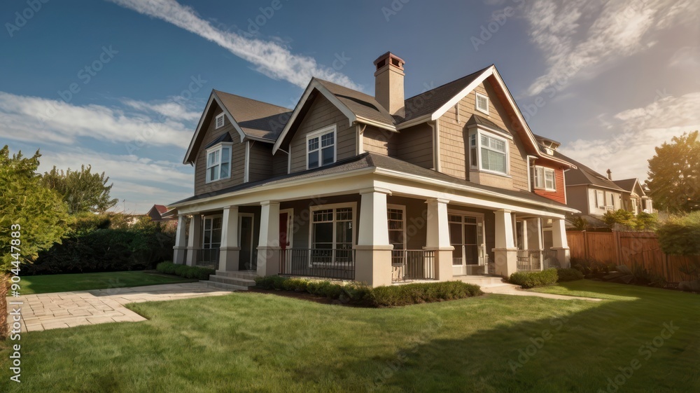 Beautiful suburban house with a spacious yard, featuring a charming blend of architectural styles and a welcoming front porch. Beautiful suburban house with a spacious yard, featuring a charming blend of architectural styles and a welcoming front porch.