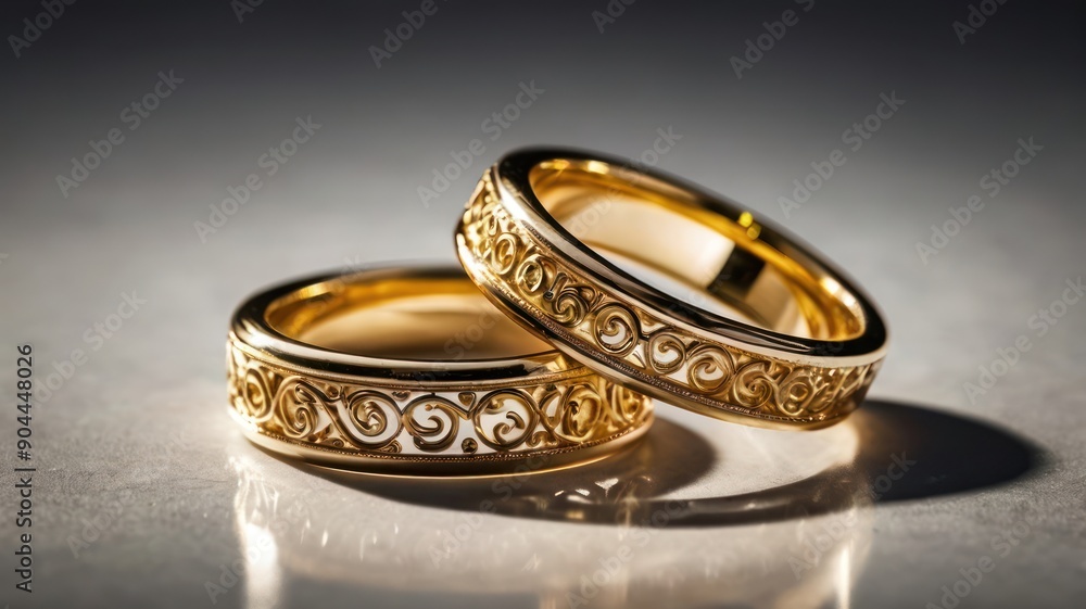Elegant golden wedding rings with intricate filigree design, symbolizing love and commitment. Elegant golden wedding rings with intricate filigree design, symbolizing love and commitment.