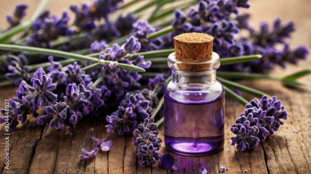A glass bottle of lavender essential oil surrounded by fresh lavender flowers on a rustic wooden surface. A glass bottle of lavender essential oil surrounded by fresh lavender flowers on a rustic wooden surface.