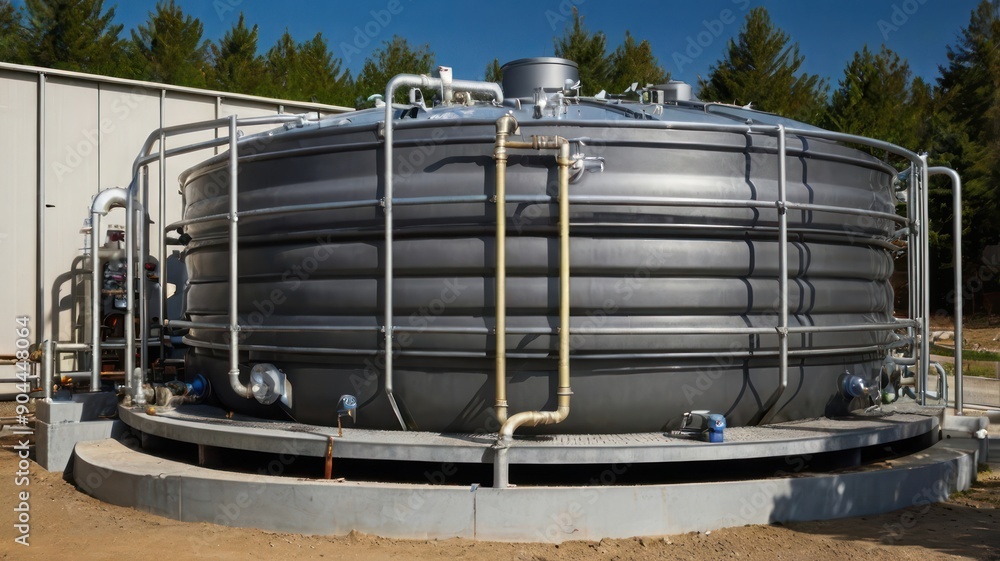 Large steel storage tank surrounded by piping, situated in a forested area under clear blue skies. Large steel storage tank surrounded by piping, situated in a forested area under clear blue skies.