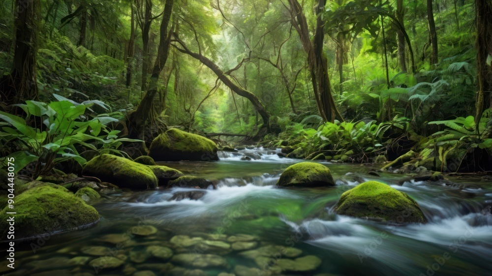 A serene forest scene featuring a tranquil stream flowing through lush greenery. A serene forest scene featuring a tranquil stream flowing through lush greenery.