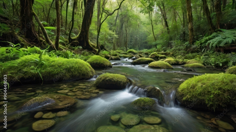 A serene view of a lush green forest stream, featuring smooth stones and vibrant moss, creating a peaceful and tranquil atmosphere. A serene view of a lush green forest stream, featuring smooth stones and vibrant moss, creating a peaceful and tranquil atmosphere.