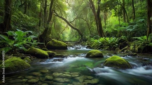 A serene forest scene featuring a tranquil stream flowing through lush greenery.