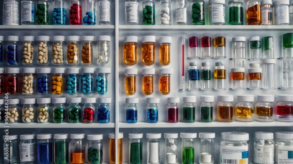 A vibrant display of various prescription and over-the-counter medications in colorful bottles and jars. A vibrant display of various prescription and over-the-counter medications in colorful bottles and jars.