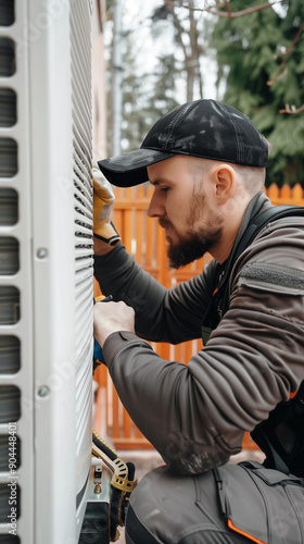 Technician working on the installation of a new energy efficient heat pump system for a residential home