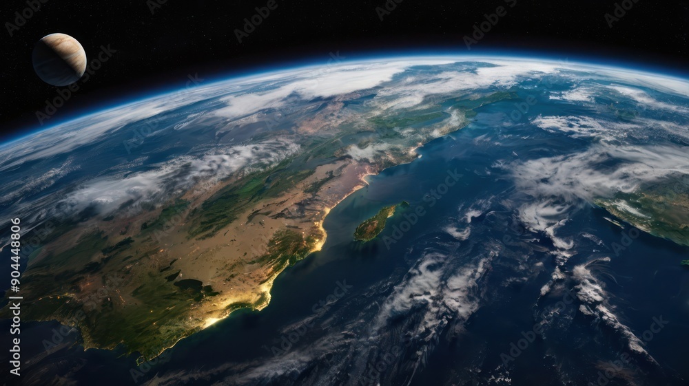 Stunning view of Earth from space, showcasing coastal landscapes and cloud formations under a distant planet. Stunning view of Earth from space, showcasing coastal landscapes and cloud formations under a distant planet.