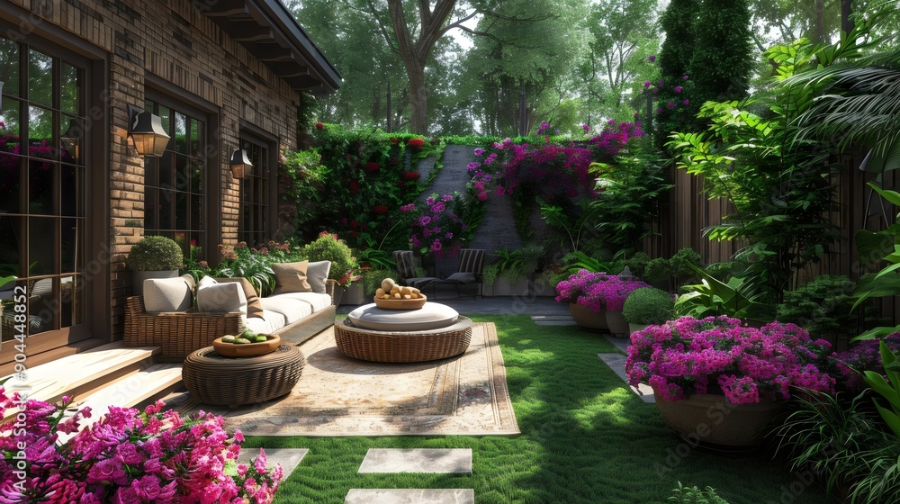 A lush green backyard with a brick house and a stone wall A lush green backyard with a brick house and a stone wall