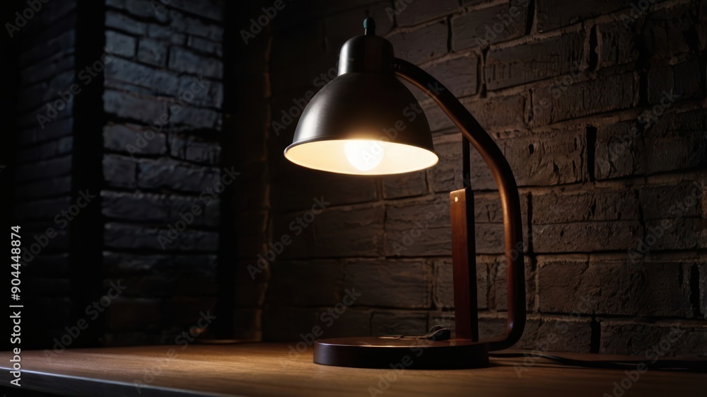 A stylish industrial desk lamp illuminates a wooden table against a dark brick wall, creating a warm and inviting atmosphere. A stylish industrial desk lamp illuminates a wooden table against a dark brick wall, creating a warm and inviting atmosphere.