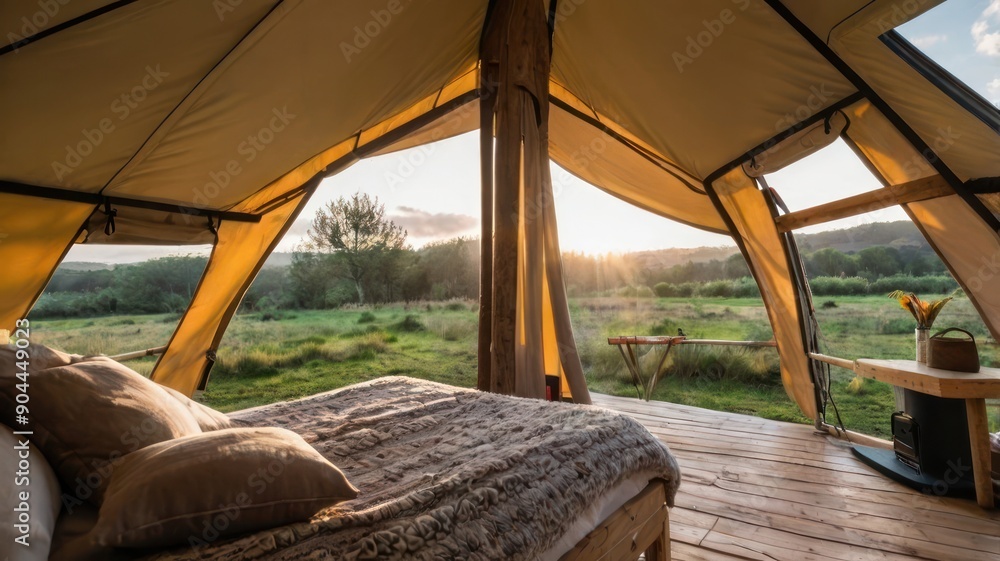 Cozy glamping tent interior with a view of a serene landscape at sunset. Cozy glamping tent interior with a view of a serene landscape at sunset.