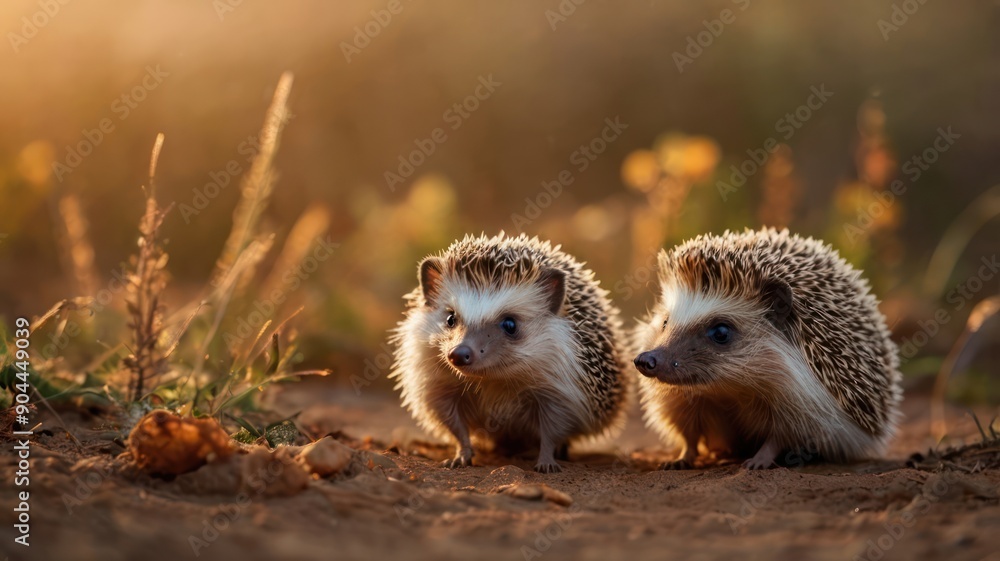 Two adorable hedgehogs playfully exploring a sunny meadow during golden hour. Two adorable hedgehogs playfully exploring a sunny meadow during golden hour.
