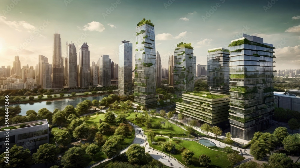 Obraz premium A stunning cityscape featuring modern skyscrapers with greenery, reflecting a harmonious blend of nature and architecture.
