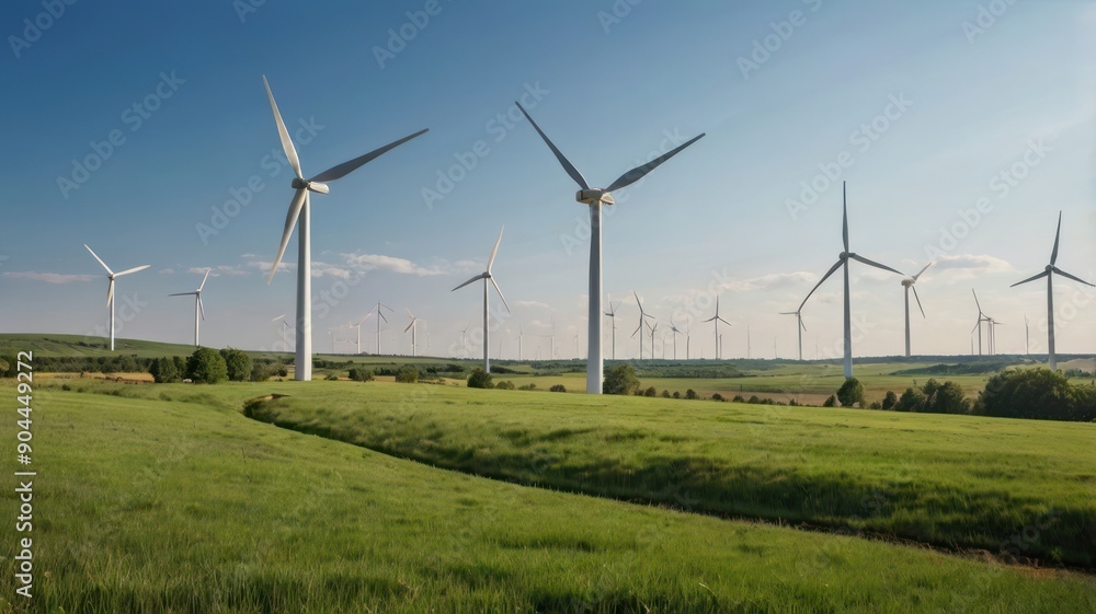 A serene landscape showcasing multiple wind turbines standing tall against a clear blue sky, surrounded by lush green fields. A serene landscape showcasing multiple wind turbines standing tall against a clear blue sky, surrounded by lush green fields.