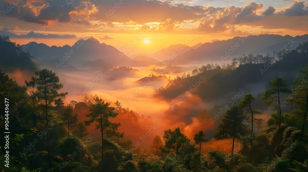 A beautiful mountain range with a sun setting in the background A beautiful mountain range with a sun setting in the background