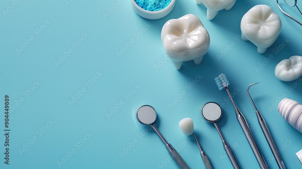 Dental instruments and tooth on blue background. Dental instruments and tooth on blue background.