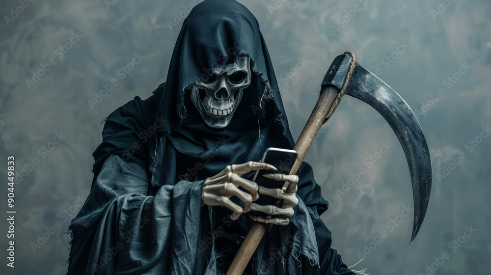 The grim reaper is using his smartphone, merging ancient and modern elements in a spooky and amusing setting The grim reaper is using his smartphone, merging ancient and modern elements in a spooky and amusing setting