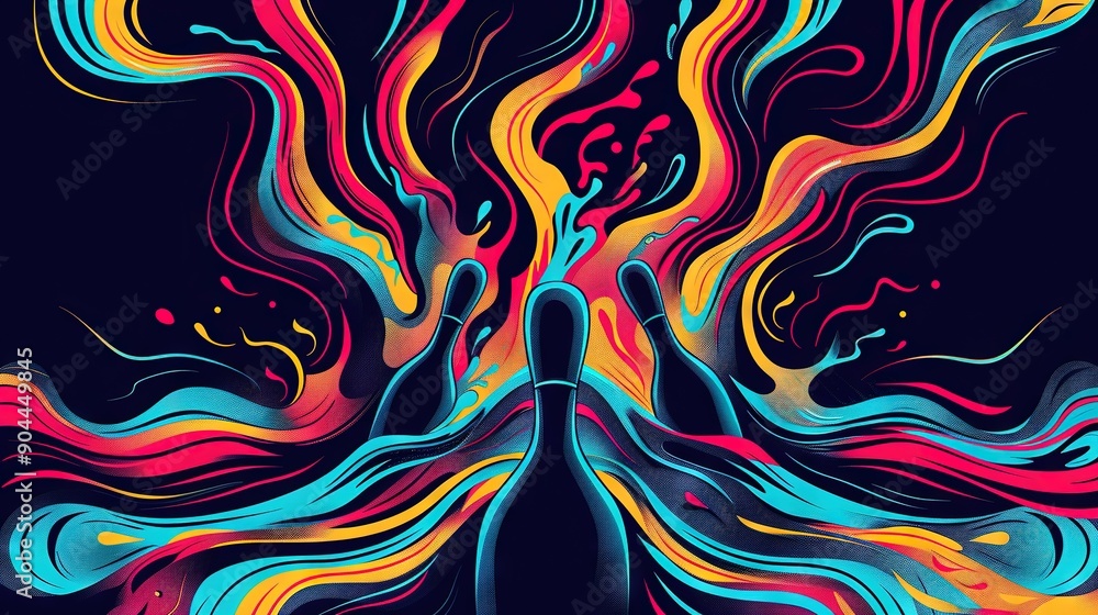 An abstract depiction of human form, adorned with multicolored lines and forms against a dark backdrop; juxtaposed with a serene blue background An abstract depiction of human form, adorned with multicolored lines and forms against a dark backdrop; juxtaposed with a serene blue background