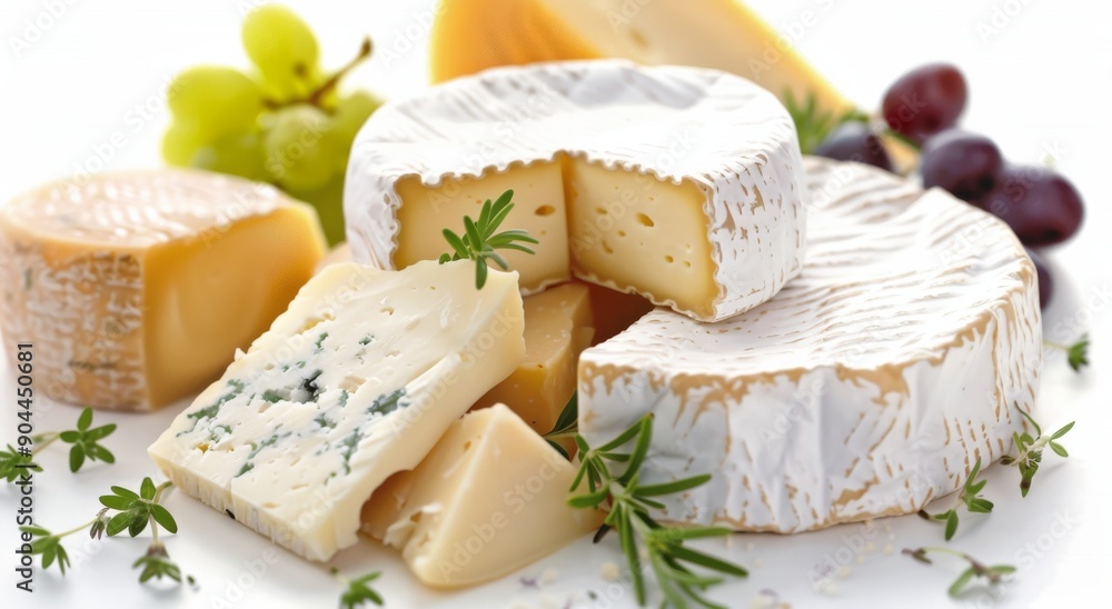 Gourmet Cheese Selection With Grapes and Fresh Mint on White Background Gourmet Cheese Selection With Grapes and Fresh Mint on White Background