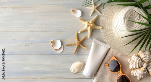 Summer Beach Essentials Displayed on White Wooden Surface
