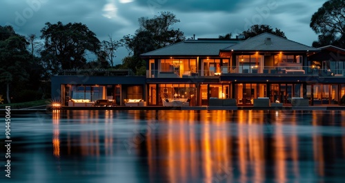 Modern Lakeside House With Reflection at Dusk