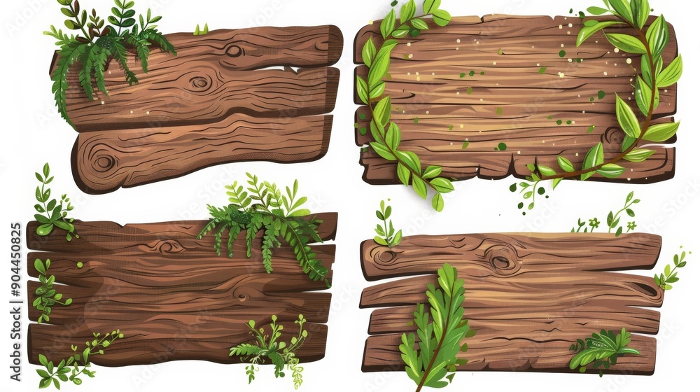 An artistic illustration showcasing multiple wooden signs adorned with leafy vines and branches, combining natural elements with a touch of rustic charm for various decor. An artistic illustration showcasing multiple wooden signs adorned with leafy vines and branches, combining natural elements with a touch of rustic charm for various decor.