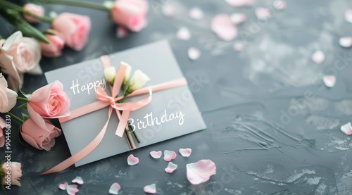 Birthday Card With Pink Ribbon And Flowers On Dark Background