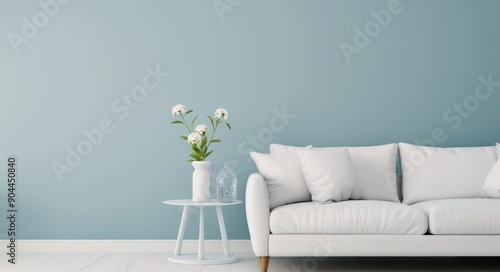 Modern Living Room With Light Blue Walls and White Couch Featuring Fresh Flowers