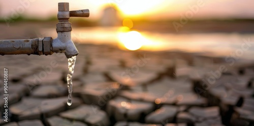 Water Dripping From Tap Amidst Cracked Ground at Sunset