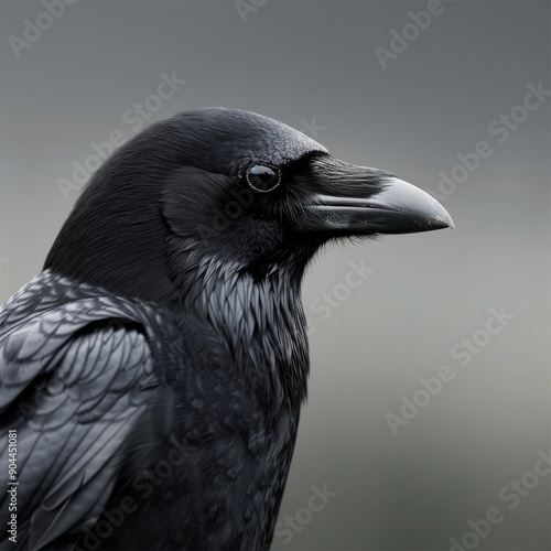 Black Raven Perched Against a Soft Gray Background at Dusk