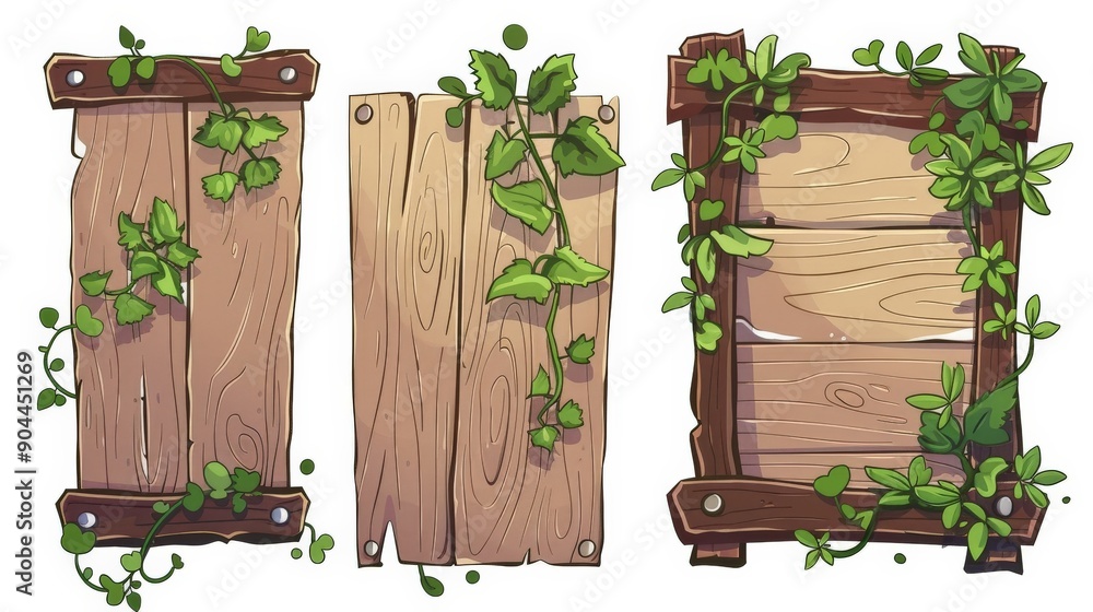 A variety of wooden signboards, each uniquely decorated with creeping vines and plants that lend a charming and naturalistic aesthetic, suitable for rustic settings. A variety of wooden signboards, each uniquely decorated with creeping vines and plants that lend a charming and naturalistic aesthetic, suitable for rustic settings.