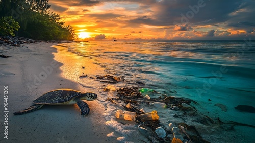 A sea turtle resting on a beach at sunset, with a scenic view of the ocea photo